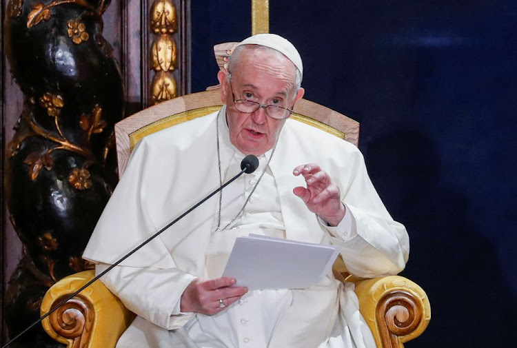 Pope Francis speaks in the “Ambassadors' Chamber” of the Grand Master’s Palace in Valletta, Malta, April 2, 2022.