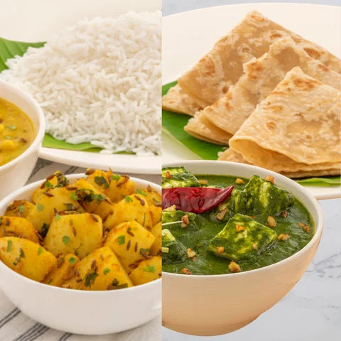Homestyle Dal Tadka, Aloo & Rice, Palak Paneer With Parathas