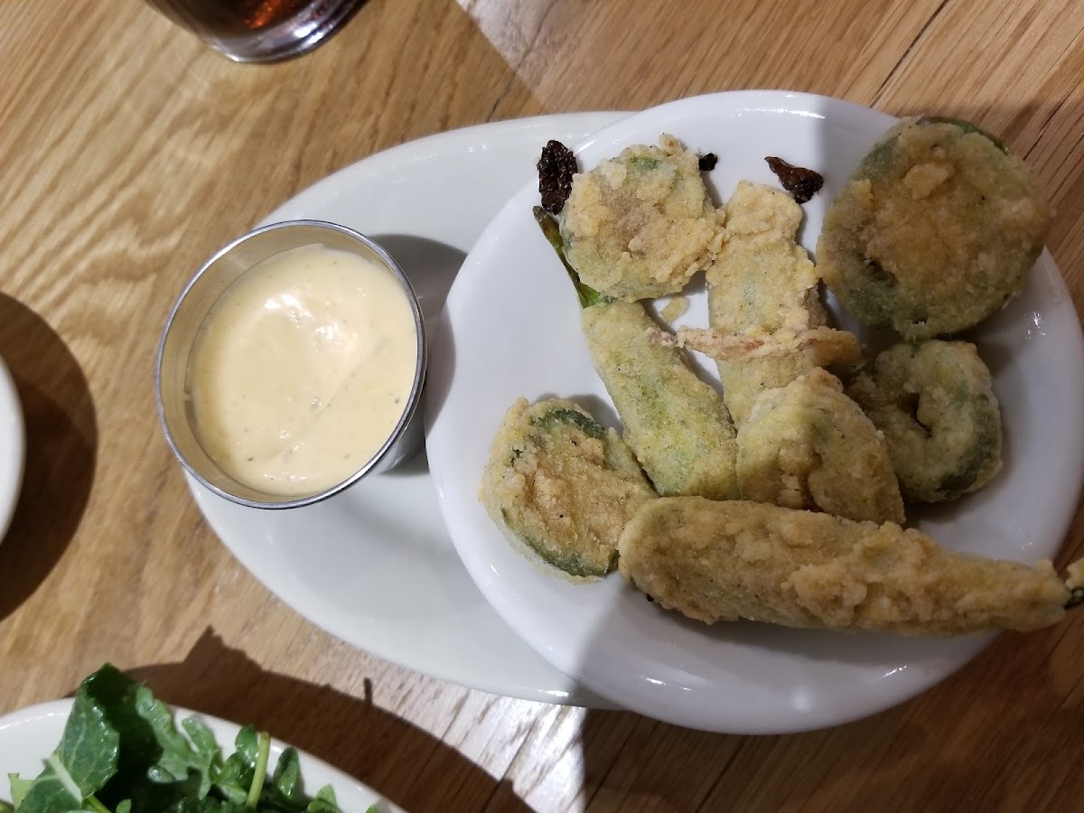 Fried okra and jalapenos served with creole sauce-yum!!
