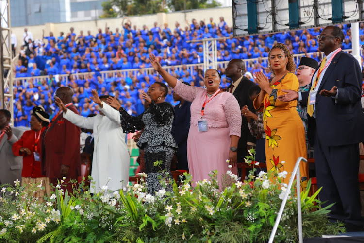 First Lady Mama Rachel Ruto with Nairobi Woman Rep Esther Passaris with other leaders during the Benny Hinn- mega crusade at Nyayo Stadium on February 24, 2024.