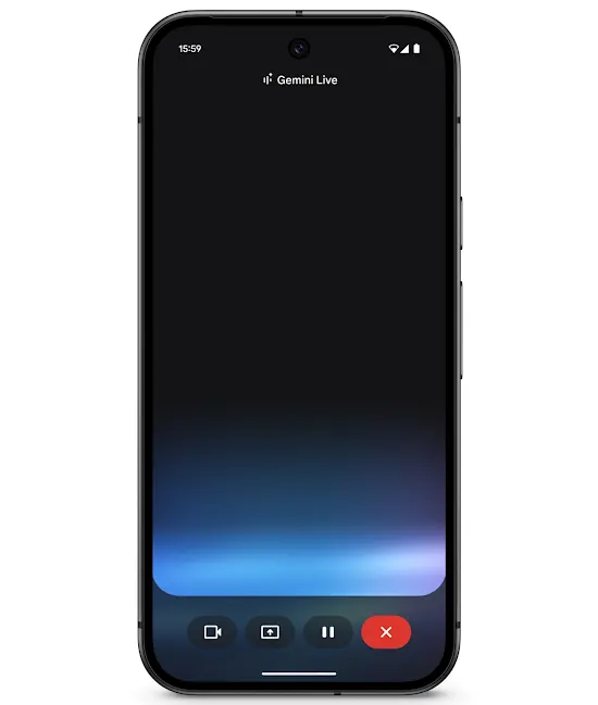 Gemini Live の画面。画面下に、カメラ共有、画面共有、一時停止、終了の操作ボタンが表示されている