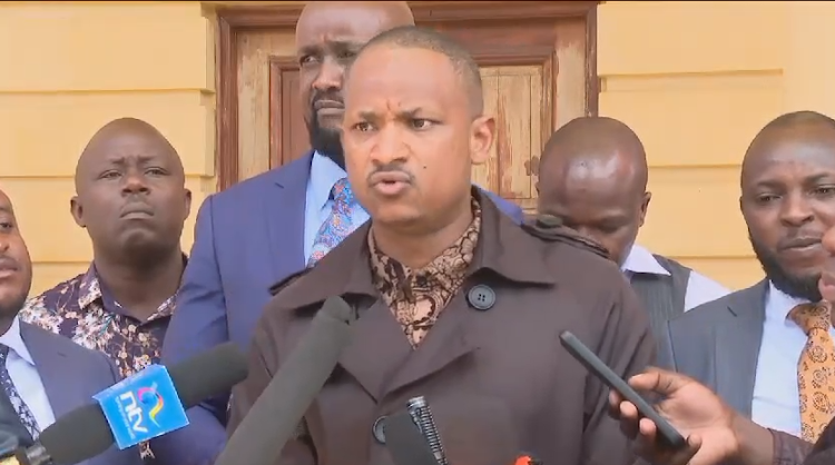 MPs Babu Owino (Embakasi East) and Ronald Karauri (Kasarani) addressing the press at Milimani Law Courts on October 31, 2023/ SHARON MWENDE