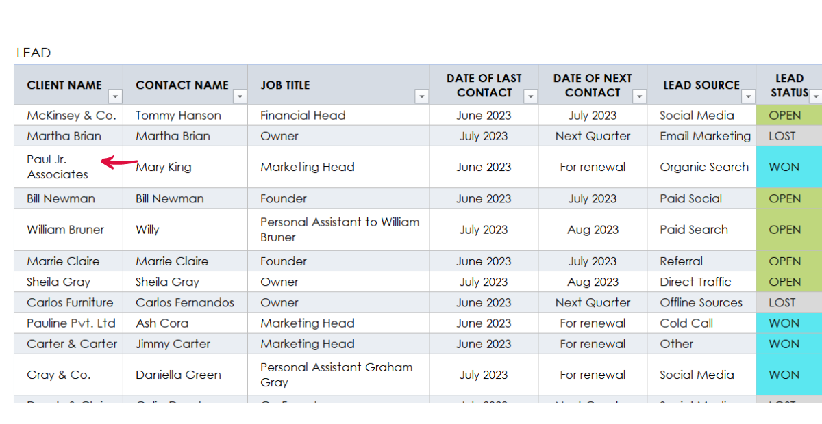 Client Financial management Spreadsheets | Image shows spreadsheet example of lead data 
