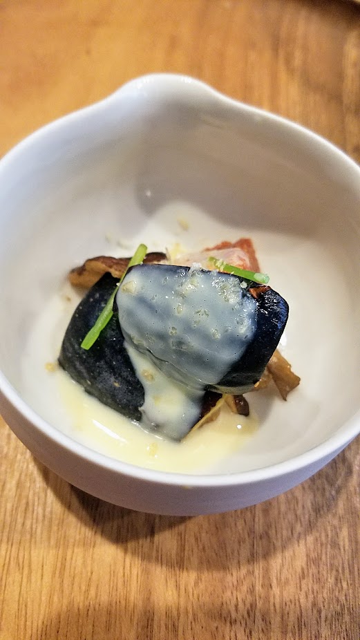 Nodoguro Twin Peaks themed dinner dish of Fig forest, inspired by the forests of the Northwest starring figs, mushroom, soy cream and pine nuts.