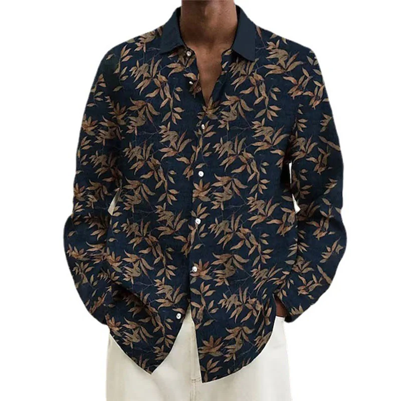 Camicia giovanile a maniche lunghe con risvolti autunnali stampati in 3D, taglio slim casual. Perfetta per l'autunno, offre comfort e un look moderno.
