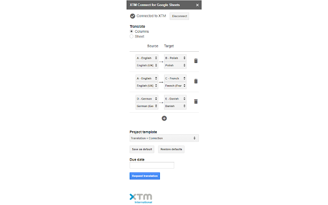 Screenshot of XTM Connect for Google Sheets