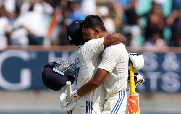 India's Yashasvi Jaiswal celebrates with Sarfaraz Khan after reaching his double century in the third Test against England at Niranjan Shah Stadium in Rajkot, India on Sunday.