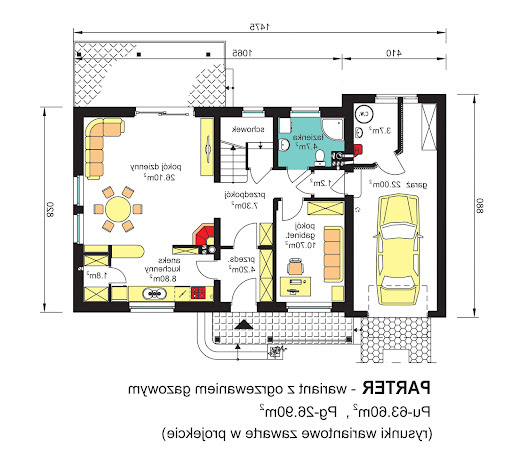 BW-49 wariant 14 - Rzut parteru - propozycja adaptacji - ogrzewanie gazowe