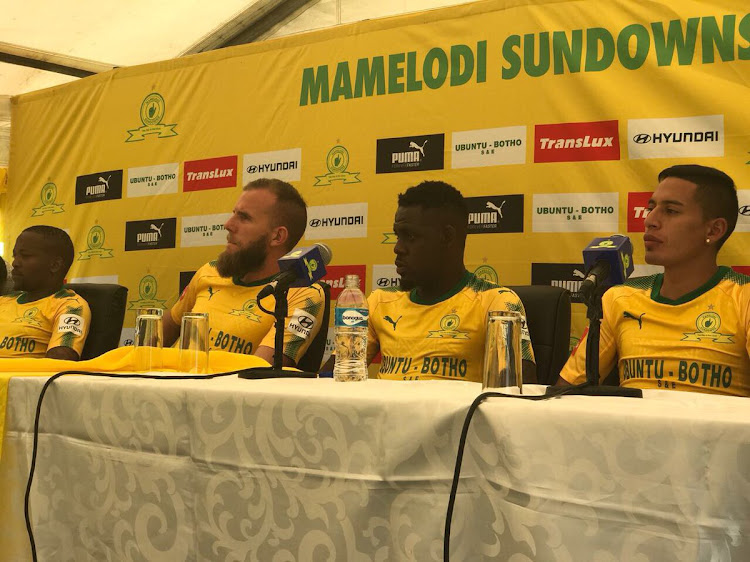 Mamelodi Sundowns new signing Gaston Sirino, Jeremy Brockie, Siyabonga Zulu and Aubrey Ngoma at Chloorkop on Wednesday morning.