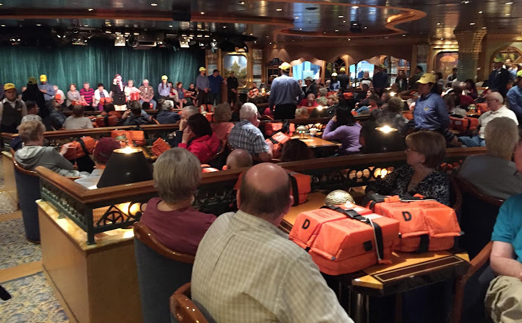 A muster drill, or safety drill, at the start of a Ruby Princess sailing.