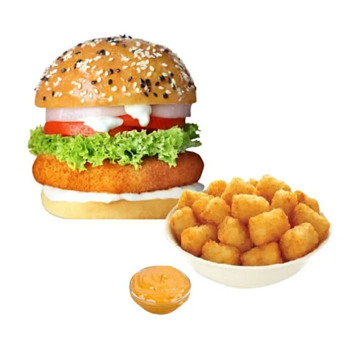 Crispy Chicken Burger With Potato Pops [10 Pieces] And 1 Dip