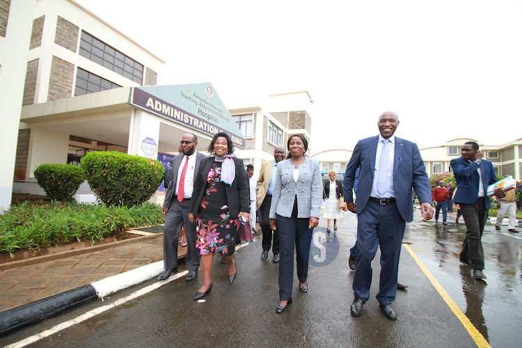 KUTRRH CEO Ahmed Dagane, KUTRRH Chairperson Olive Mugenda, Higher Education Principal Secretary Beatrice Inyangala and Kenyatta University Vice Chancellor Paul Wainaina after a consultative meeting at the Kenyatta University Teaching, Reasearch and Referral Hospital in Nairobi on October 16, 2023.