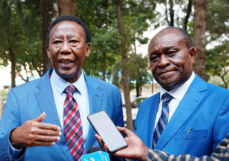 Bishops Mark Kariuki and George Gichana of Deliverance Church speaking in Eldoret after a meeting for the clergy on January 31.