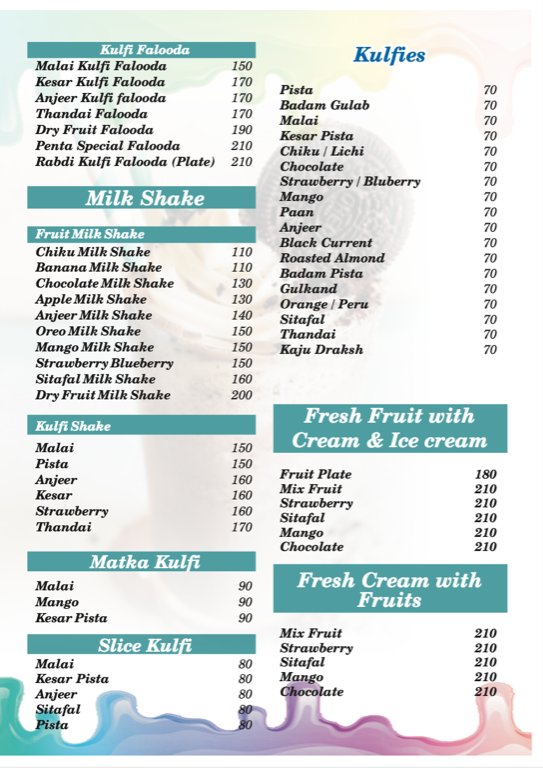 Penta Ice-Cream menu 