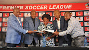 PSL Chairman Dr Irvin Khoza, Kaiser Motaung PSL BOG, Mato Madlala PSL Acting CEO, SAFPU president Thulaganyo Gaoshubelwe and Nhlanhla Shabalala of SAFPU during the PSL Chairman Press Conference on 26 November 2019 at PSL Offices.