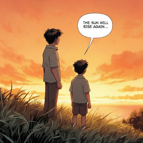 a comic book panel of a young boy and his father on a grassy field, staring at the setting sun over a body of water. The boy says “The sun will rise again” in a speech bubble.