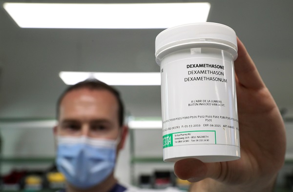 A pharmacist displays a box of Dexamethasone at the Erasme Hospital amid the coronavirus disease (COVID-19) outbreak, in Brussels, Belgium, June 16, 2020.