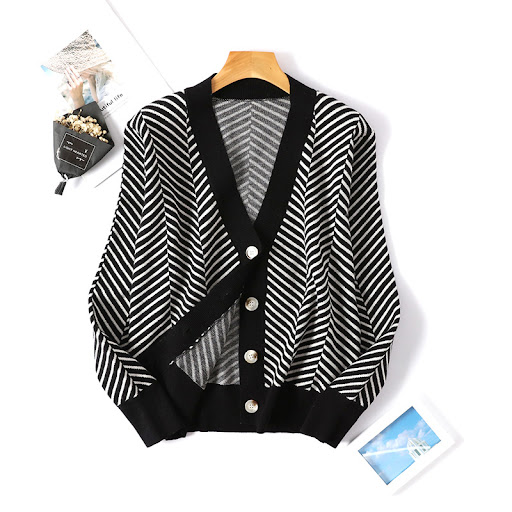 Title 5, Womens Stitching Contrast Striped Cardigan Jac...