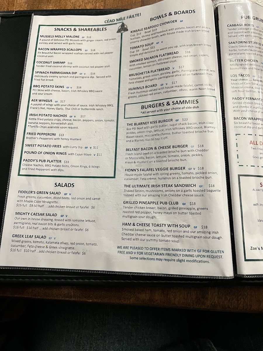 The Old Triangle gluten-free menu