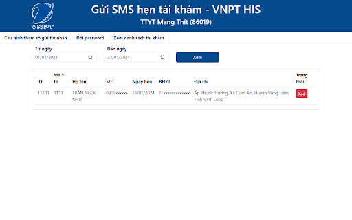 Gửi SMS Hẹn Tái Khám - VNPT HIS - 86019