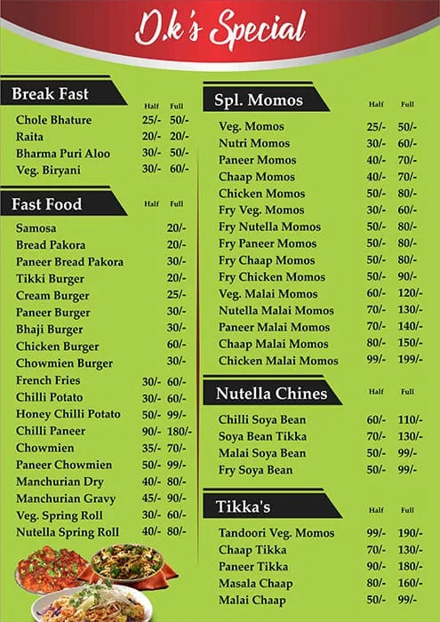 D.K. Fast Food menu 