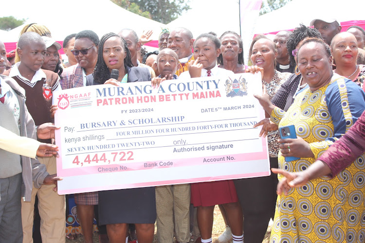 Murang'a woman representative Betty Maina during the issuance of bursaries at Kimorori grounds.