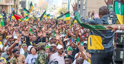 President Cyril Ramaphosa addresses the crowd at the 'Siyabonga' event at Luthuli House.