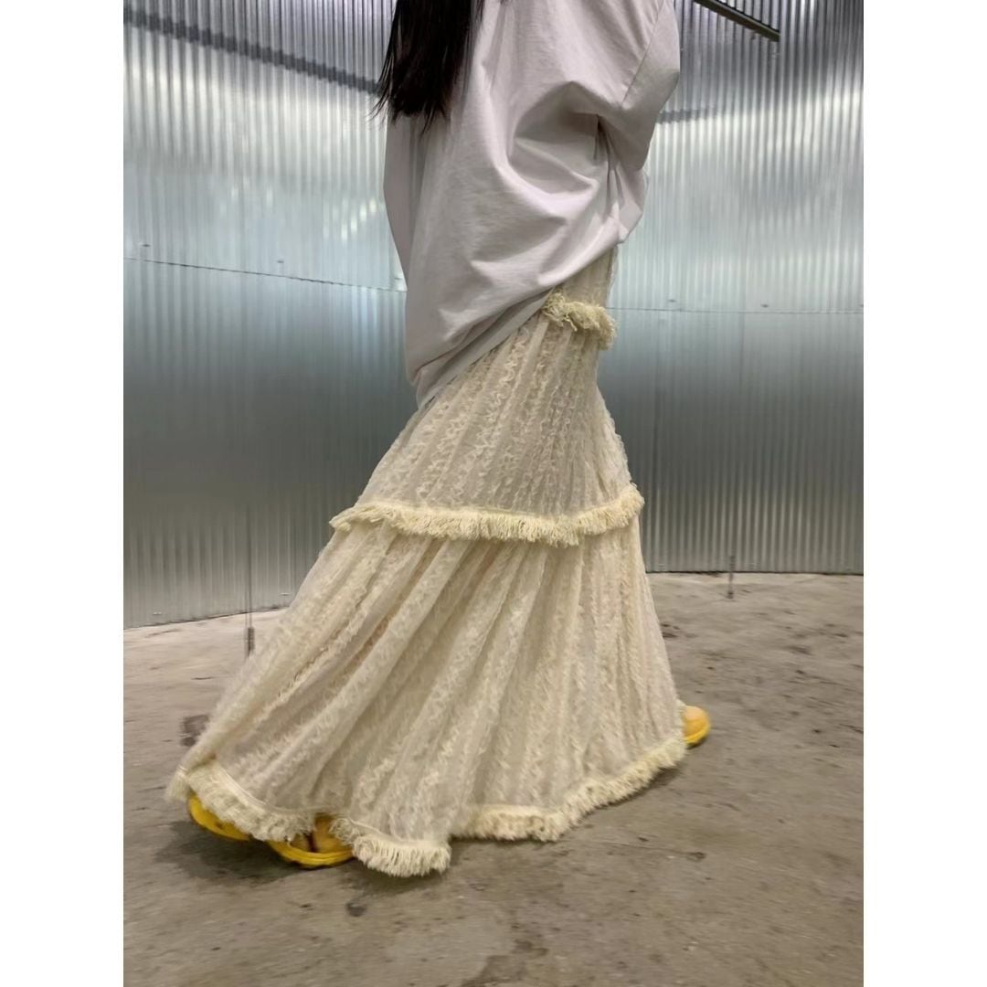 elegant elastic lace fringed skirt <2colors>