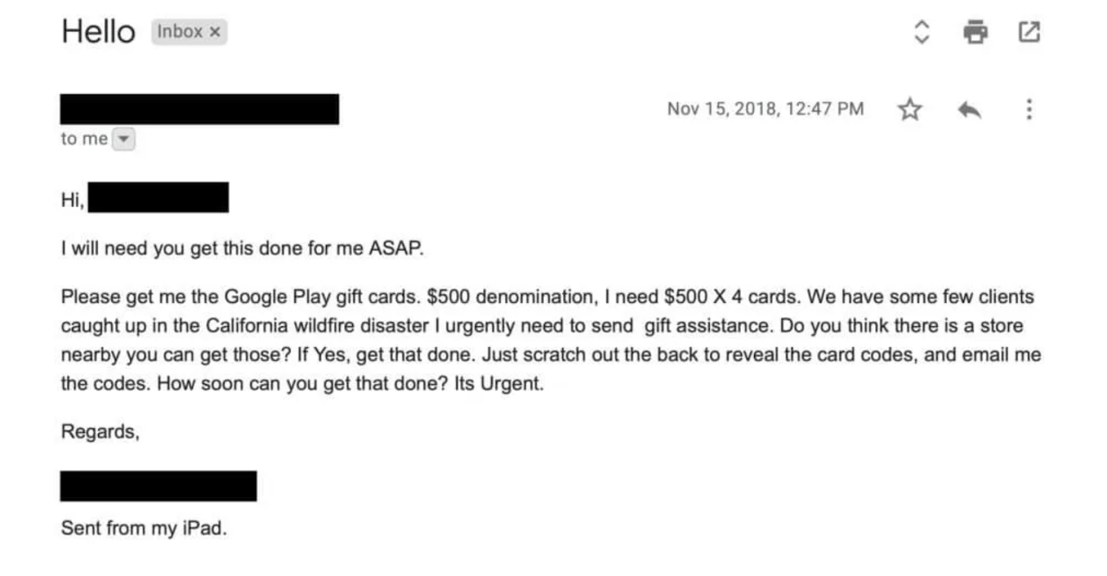 cybercrimes protection: Example of “gift card for boss” email