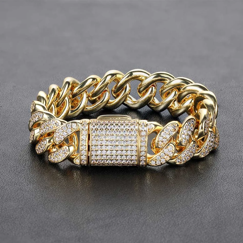 15mm Double Row Full Diamond Cuban Link Zircon Hip Hop Armband, een opvallende en stralende armband voor jouw look