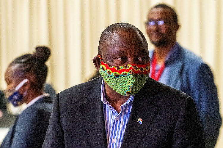 South African President Cyril Ramaphosa visits the coronavirus disease (COVID-19) treatment facilities at the NASREC Expo Centre in Johannesburg, South Africa April 24, 2020.