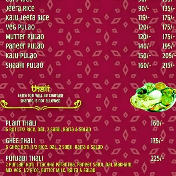 Taste of Rajasthan menu 