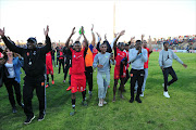 Highlands Park players celebrate after beating the University of Pretoria at Makhulong. Pic Veli Nhlapo