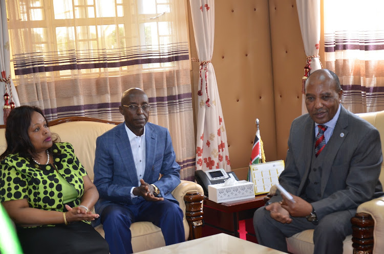 Acting CA Director General Mercy Wanjau,board chairman Ngene Gituku and Nyandarua Governor Francis Kimemia on Thursday.