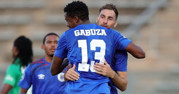 Bradley Grobler celebrates scoring a penalty with Thamsanqa Gabuza of Supersport United during the DStv Premiership match between SuperSport United and AmaZulu FC.