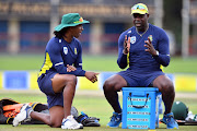 South Africa head coach Ottis Gibson (R) and assistant coach Malibongwe Maketa (L) during the Proteas' training session and press conference at SuperSport Park on February 20, 2018 in Pretoria, South Africa.