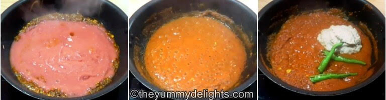 step by step collage for cooking the tomato puree