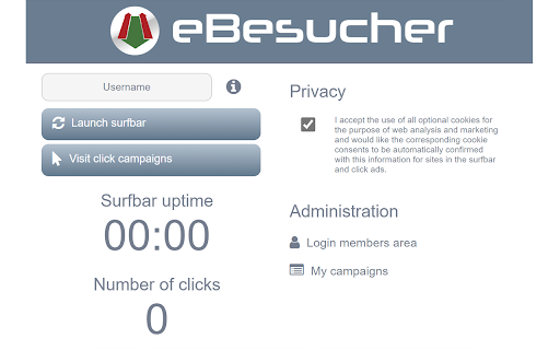 eBesucher campaigns Surfbar uptime 00:00 Number clicks 0 Privacy corresponding Administration members campaigns 