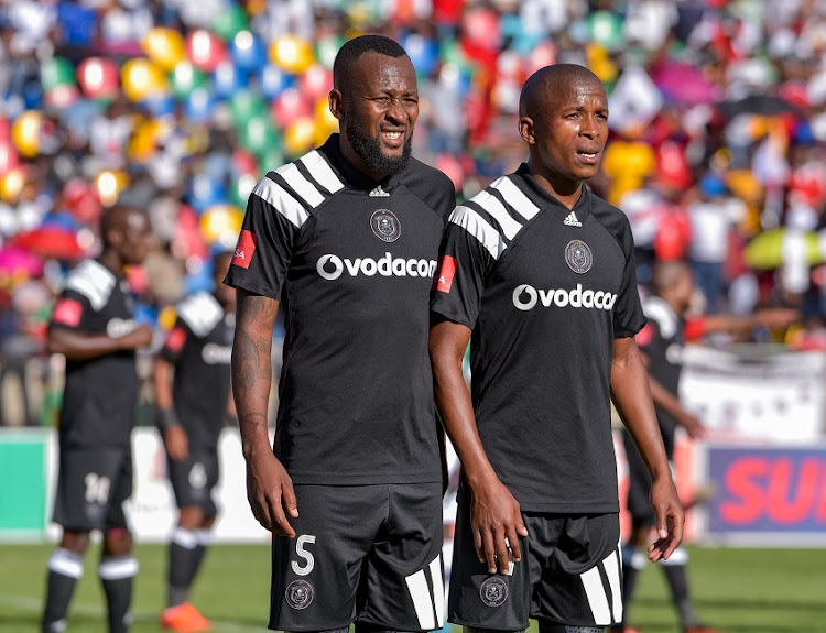 Mpho Makola and Luvuyo Memela(R) of Orlando Pirates during the Absa Premiership 2017/18 game between Bloemfontein Celtic and Orlando Pirates at Dr Molemela Stadium, Bloemfontein on 26 November 2017.