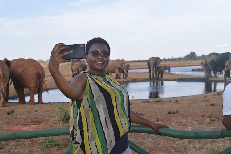 A domestic tourist takes a selfie with a parade of elephants mud-wallowing at a water point outside Voi Wildlife Lodge in Tsavo East National Park. Local leaders wants a revenue share from the park