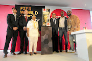 Fifa's Lucas Rachow, Brad Scot from Coca Cola, Minister of Sport Tokozile Xasa, Safa  president Danny Jordaan, Lucas Radebe and Cassper Nyovest during the World Cup trophy tour launch in Kempton Park. / Thulani Mbele