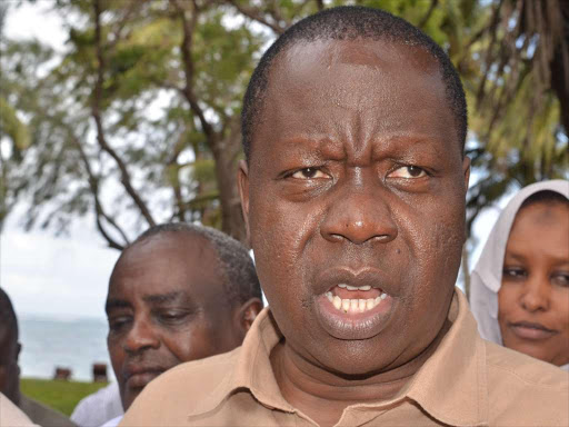 Education CS Dr Fred Matiang'i addressing journalist at Serena beach hotel in Mombasa yesterday. Photo / John Chesoli