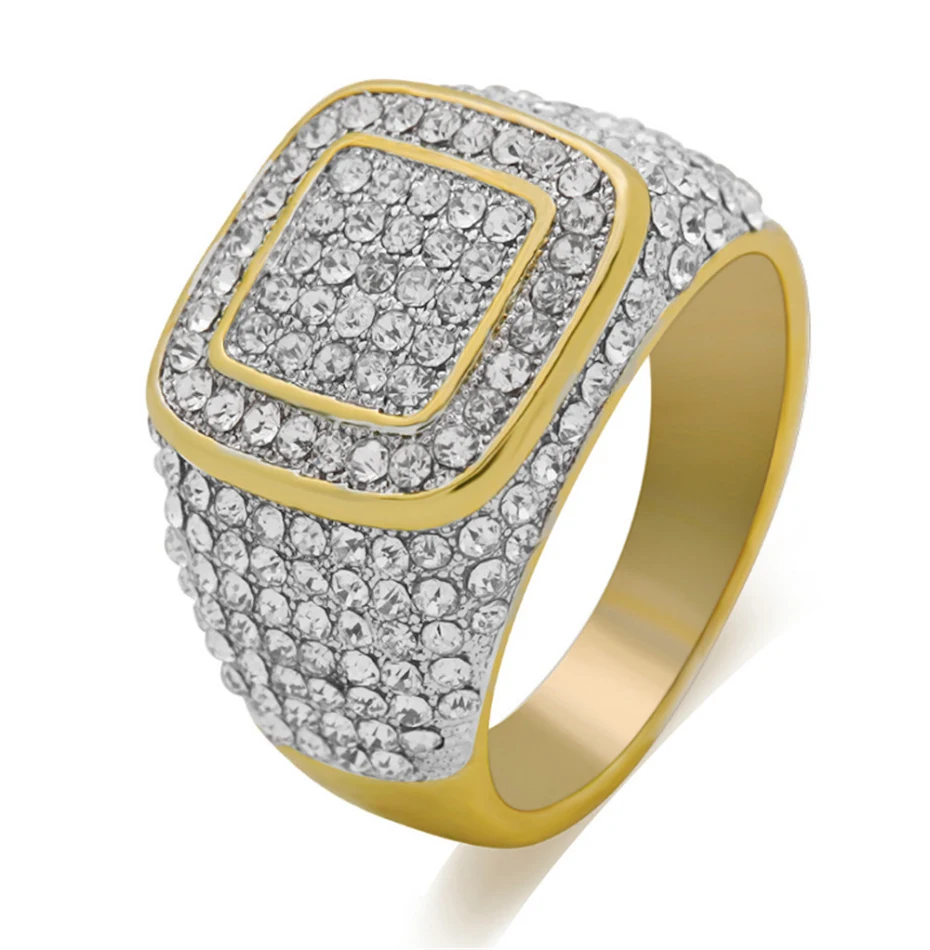Vergulde Hip Hop Ring voor Heren, Micro-ingezette Zirkonia, Volledige Diamanten. Maak een statement met deze schitterende ring!