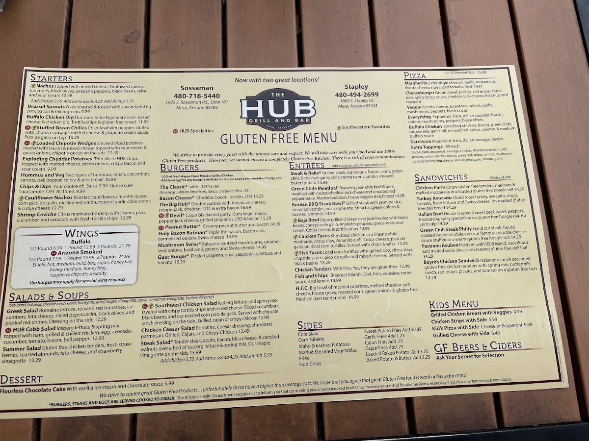 Gluten free menu