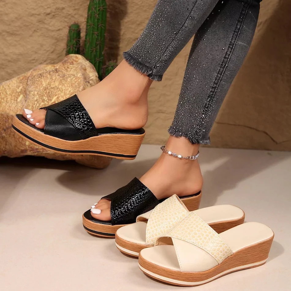 Damessandalen met slangenleertextuur, zomer casual peep-toe, dikke zool, hoogteverhogend, buitenslippers, comfortabele schoenen.