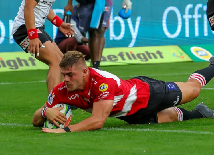 Malcolm Marx of the Emirates Lions scores during the Super Rugby match between Emirates Lions and Sunwolves at Emirates Airline Park on March 17, 2018 in Johannesburg, South Africa.