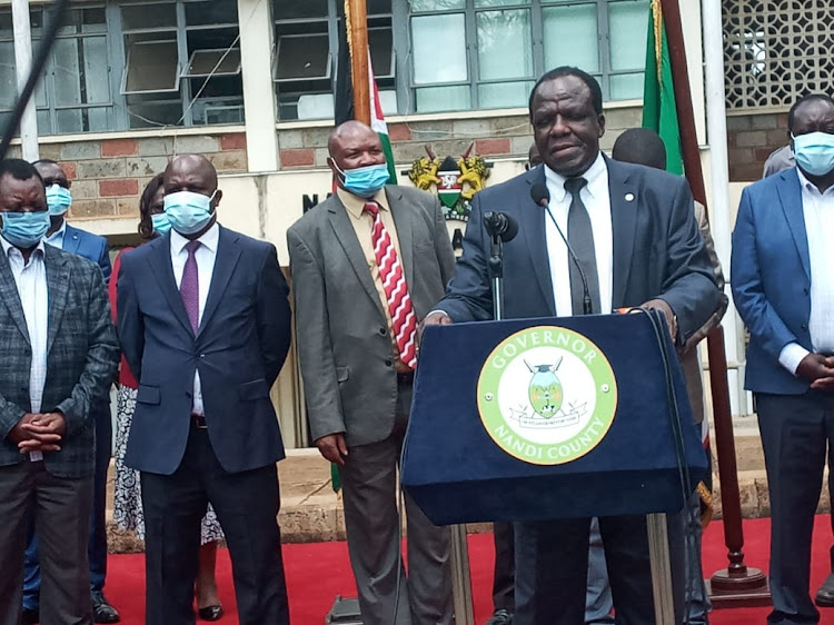 COG chairman Wyclife Oparanya speaking in Kapsabet -Nandi county when he led 5 governors to preside over the signing of a peace accord between Nandi and Luhya elders to finding a lasting peace along Nandi/kakamega border.