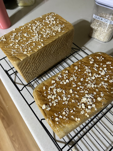 Baked in a pullman loaf pan. Used quick oats for the top. 
