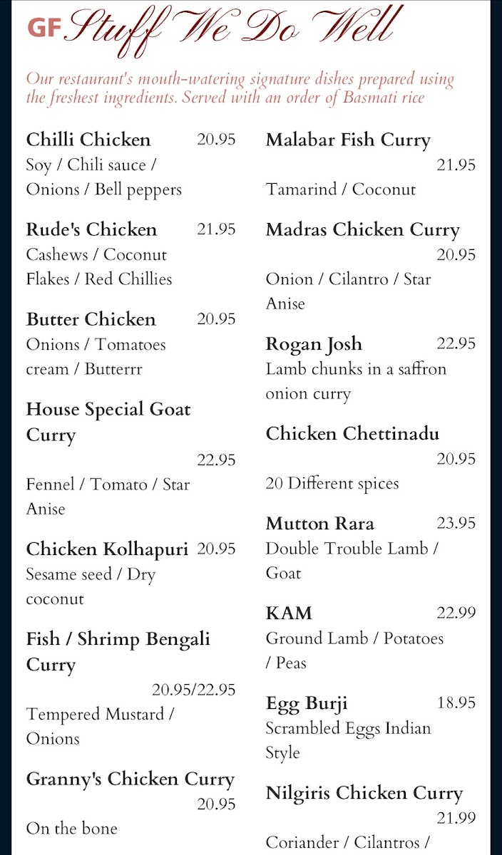 Taste of India gluten-free menu