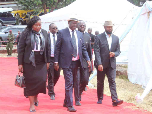 Nasa principal Raila Odinga with his wife Ida, Kisumu Governor Anyang' Nyong'o and Mombasa's Hassan Joho at Ihura Stadium for Kenneth Matiba's funeral service, April 26, 2018. /ALICE WAITHERA